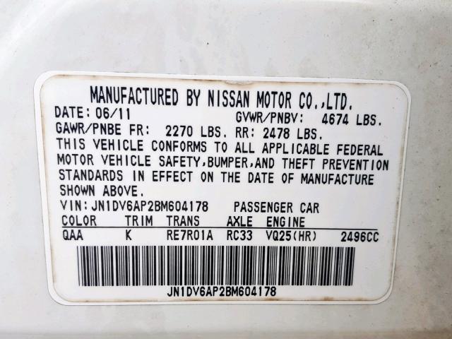 JN1DV6AP2BM604178 - 2011 INFINITI G25 BASE WHITE photo 10