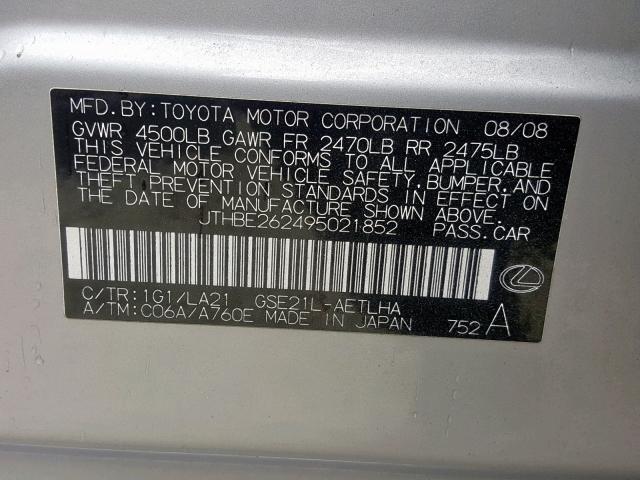 JTHBE262495021852 - 2009 LEXUS IS 350 SILVER photo 10