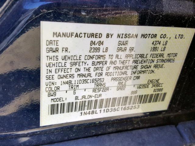 1N4BL11D35C165253 - 2005 NISSAN ALTIMA SE BLUE photo 10