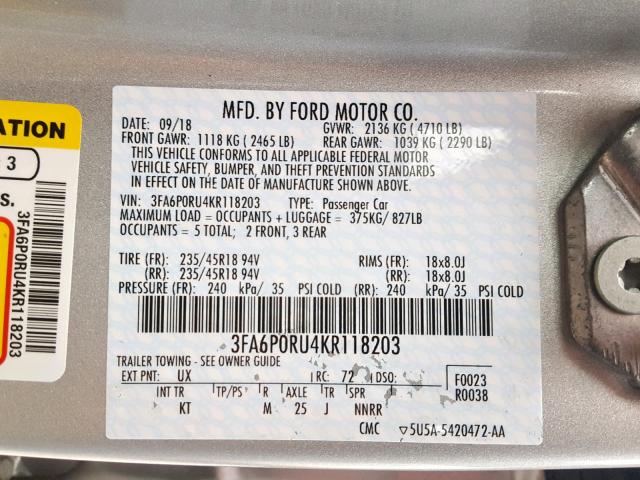 3FA6P0RU4KR118203 - 2019 FORD FUSION TIT SILVER photo 10