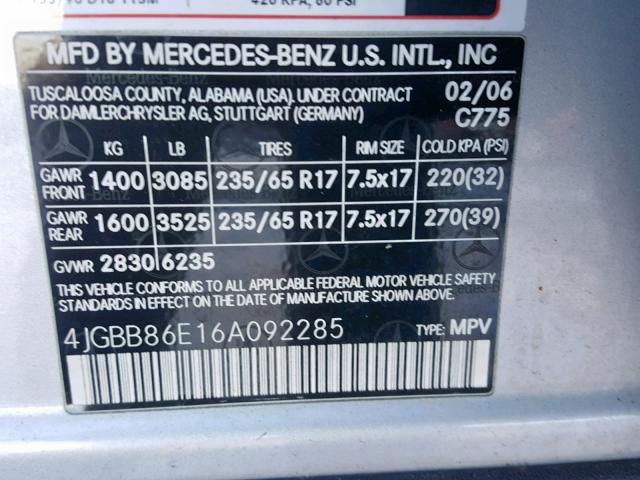 4JGBB86E16A092285 - 2006 MERCEDES-BENZ ML 350 SILVER photo 10