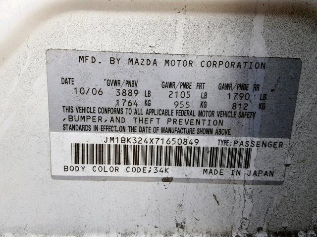 JM1BK324X71650849 - 2007 MAZDA 3 S WHITE photo 10