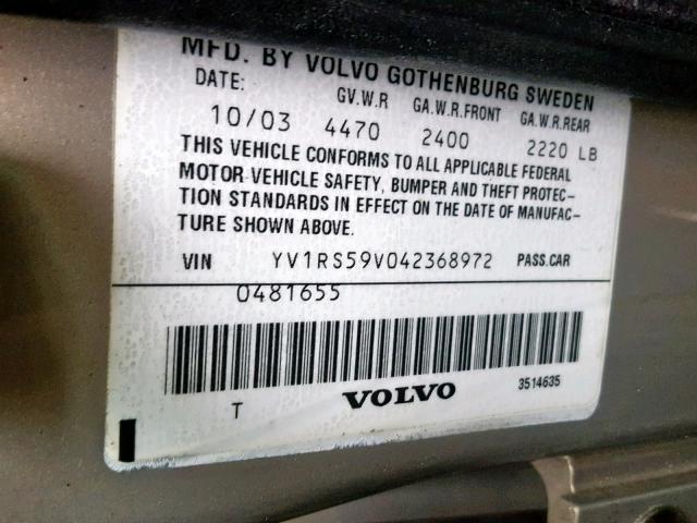 YV1RS59V042368972 - 2004 VOLVO S60 2.5T GOLD photo 10