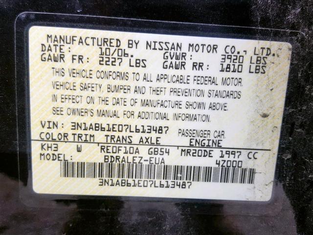 3N1AB61E07L613487 - 2007 NISSAN SENTRA 2.0 BLACK photo 10