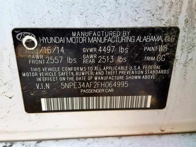 5NPE34AF2FH064995 - 2015 HYUNDAI SONATA SPO WHITE photo 10