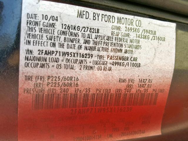 2FAHP71W95X116239 - 2005 FORD CROWN VICT RED photo 10