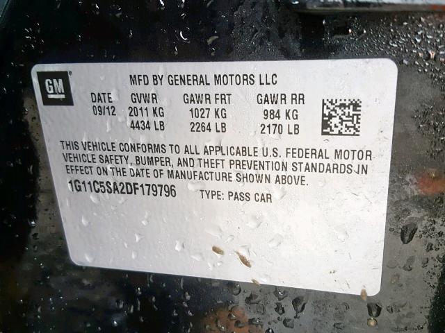 1G11C5SA2DF179796 - 2013 CHEVROLET MALIBU 1LT შავი ფოტო 10