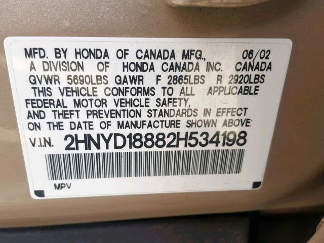 2HNYD18882H534198 - 2002 ACURA MDX TOURIN GOLD photo 10