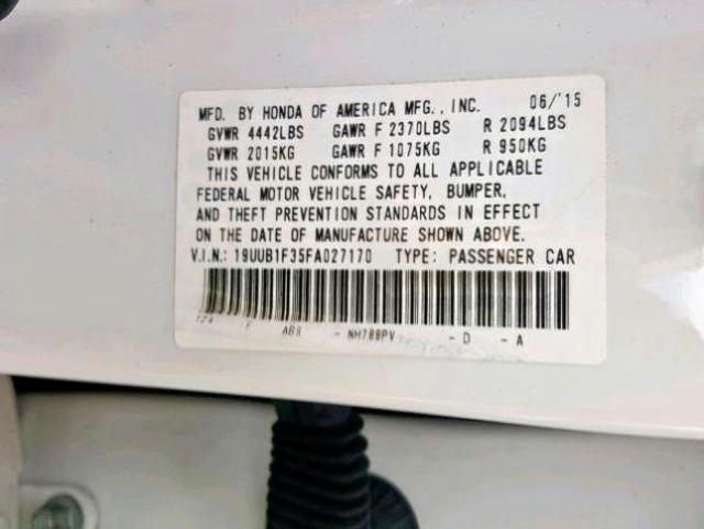 19UUB1F35FA027170 - 2015 ACURA TLX WHITE photo 10