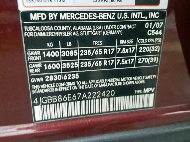 4JGBB86E67A222420 - 2007 MERCEDES-BENZ ML 350 RED photo 10