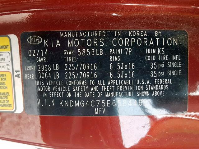 KNDMG4C75E6584462 - 2014 KIA SEDONA LX RED photo 10