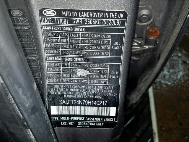 SALFT24N79H140217 - 2009 LAND ROVER LR2 HSE TE GRAY photo 10