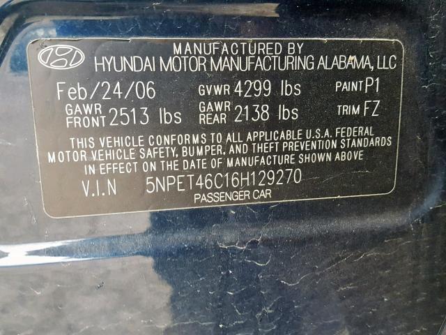 5NPET46C16H129270 - 2006 HYUNDAI SONATA GL BLUE photo 10