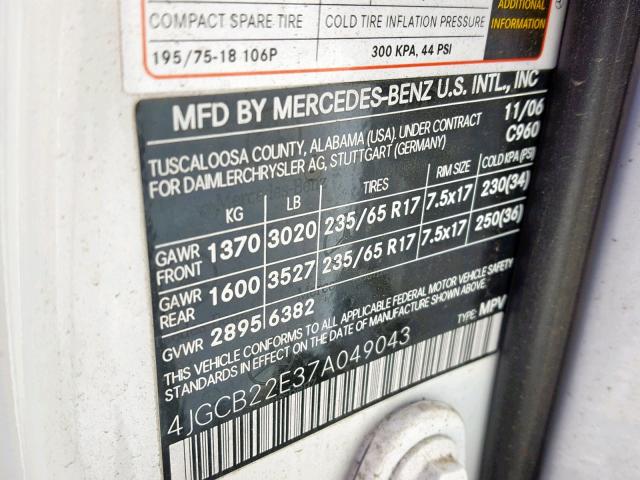 4JGCB22E37A049043 - 2007 MERCEDES-BENZ R 320 CDI WHITE photo 10