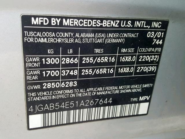 4JGAB54E51A267644 - 2001 MERCEDES-BENZ ML 320 SILVER photo 10