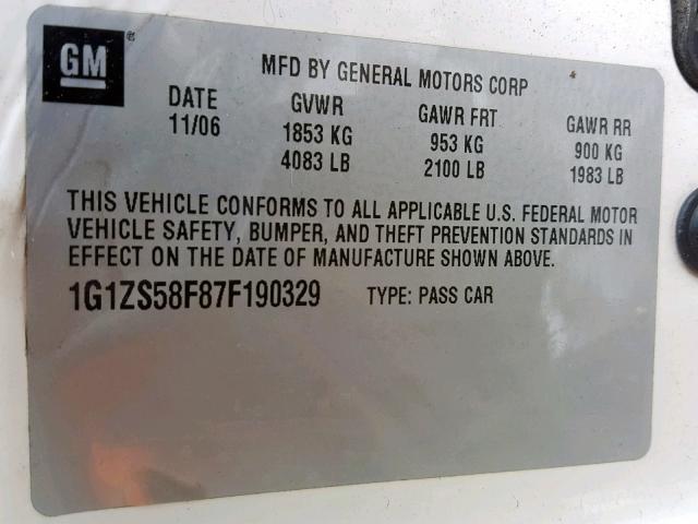 1G1ZS58F87F190329 - 2007 CHEVROLET MALIBU LS WHITE photo 10