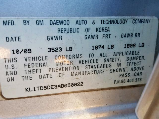 KL1TD5DE3AB050022 - 2010 CHEVROLET AVEO LS SILVER photo 10
