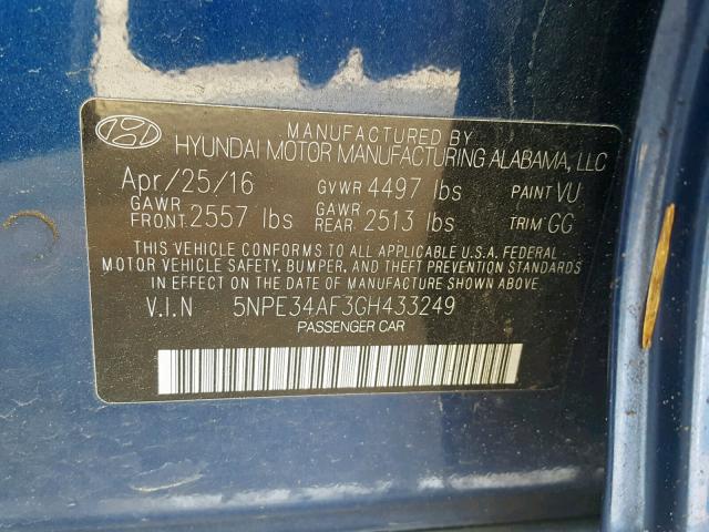 5NPE34AF3GH433249 - 2016 HYUNDAI SONATA SPO BLUE photo 10