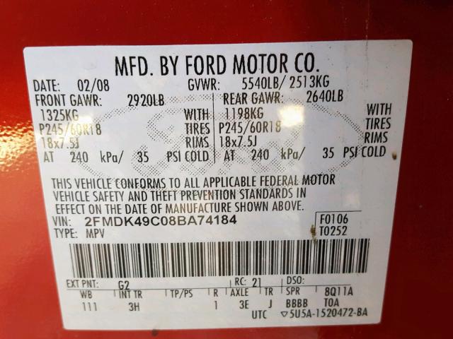 2FMDK49C08BA74184 - 2008 FORD EDGE LIMIT RED photo 10