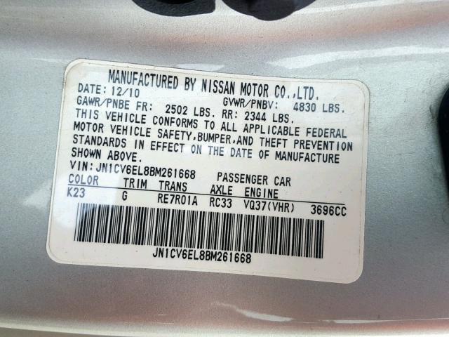 JN1CV6EL8BM261668 - 2011 INFINITI G37 SILVER photo 10