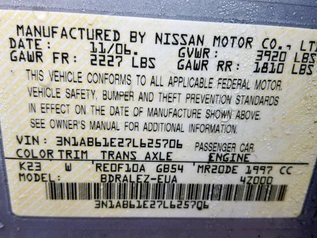 3N1AB61E27L625706 - 2007 NISSAN SENTRA 2.0 SILVER photo 10