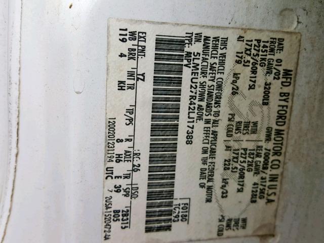 5LMEU27R42LJ17388 - 2002 LINCOLN NAVIGATOR Ağ foto 10