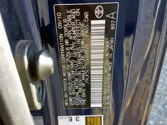 JTKJF5C77B3003979 - 2011 TOYOTA SCION TC ლურჯი ფოტო 10