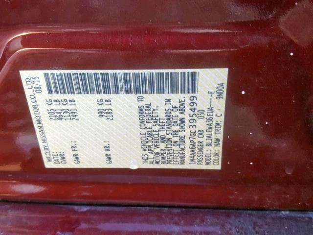 1N4AA6AP7GC395499 - 2016 NISSAN MAXIMA 3.5 BURGUNDY photo 10