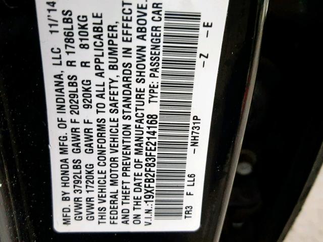 19XFB2F83FE214168 - 2015 HONDA CIVIC EX BLACK photo 10