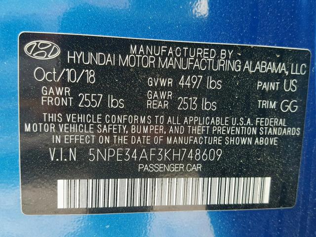 5NPE34AF3KH748609 - 2019 HYUNDAI SONATA SPO BLUE photo 10