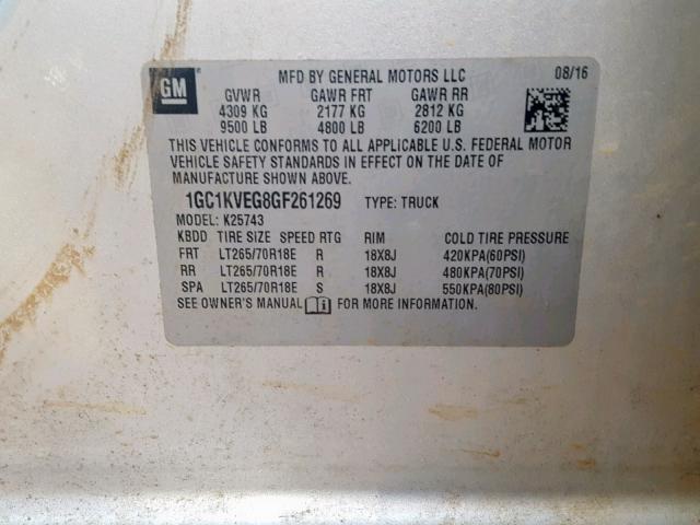 1GC1KVEG8GF261269 - 2016 CHEVROLET SILVERADO SILVER photo 10