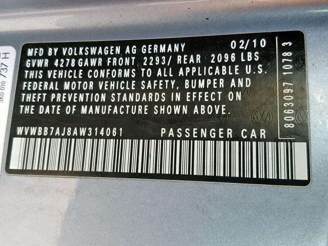 WVWBB7AJ8AW314061 - 2010 VOLKSWAGEN GOLF 蓝色 照片 10