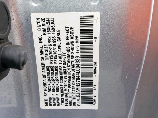 5J6YH27644L004939 - 2004 HONDA ELEMENT EX SILVER photo 10