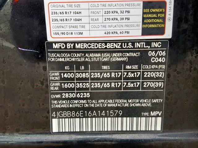 4JGBB86E16A141579 - 2006 MERCEDES-BENZ ML 350 BLACK photo 10