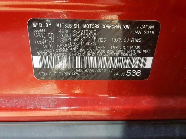 JA4AT4AA0JZ046137 - 2018 MITSUBISHI ECLIPSE CR RED photo 10