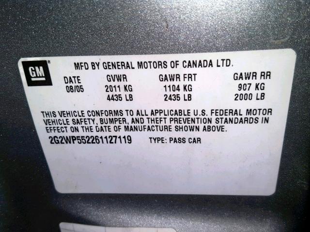 2G2WP552261127119 - 2006 PONTIAC GRAND PRIX SILVER photo 10