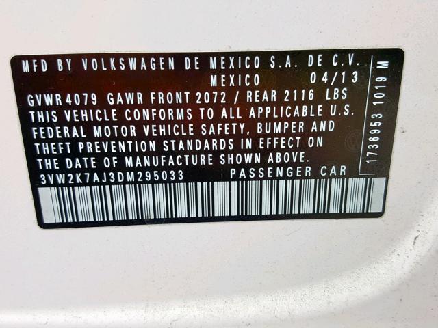 3VW2K7AJ3DM295033 - 2013 VOLKSWAGEN JETTA BASE Սպիտակ լուսանկար 10