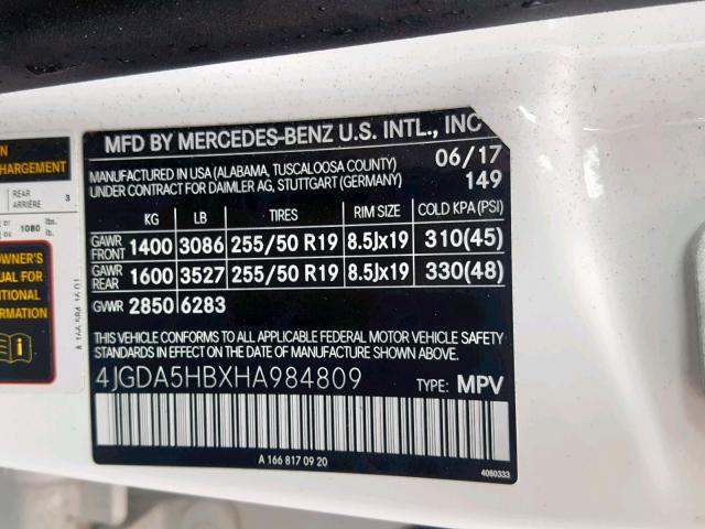 4JGDA5HBXHA984809 - 2017 MERCEDES-BENZ GLE 350 4M WHITE photo 10