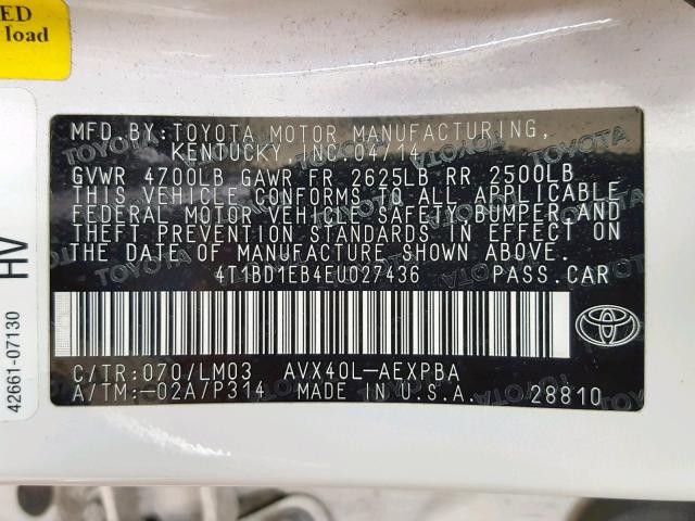 4T1BD1EB4EU027436 - 2014 TOYOTA AVALON HYB WHITE photo 10