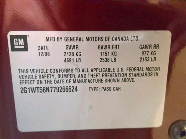 2G1WT58N779266624 - 2007 CHEVROLET IMPALA LT MAROON photo 10