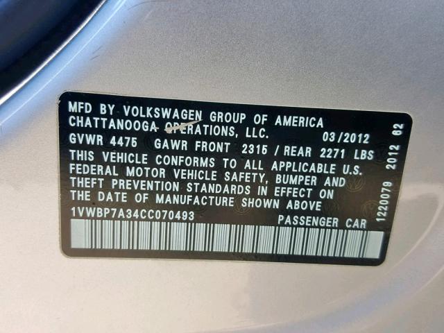 1VWBP7A34CC070493 - 2012 VOLKSWAGEN PASSAT SE SILVER photo 10