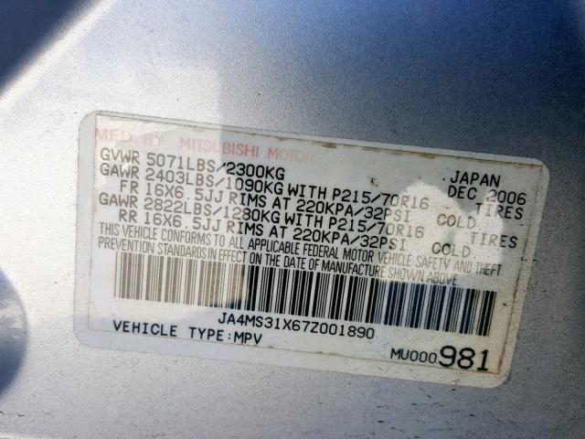 JA4MS31X67Z001890 - 2007 MITSUBISHI OUTLANDER SILVER photo 10