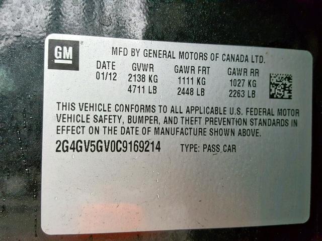 2G4GV5GV0C9169214 - 2012 BUICK REGAL GS BLACK photo 10