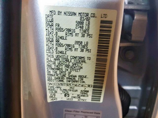 5N1ED28T92C565638 - 2002 NISSAN XTERRA XE SILVER photo 10