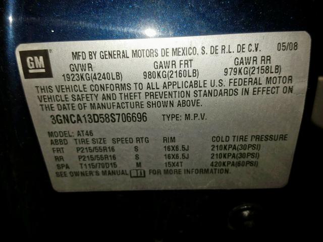 3GNCA13D58S706696 - 2008 CHEVROLET HHR LS Azul foto 10