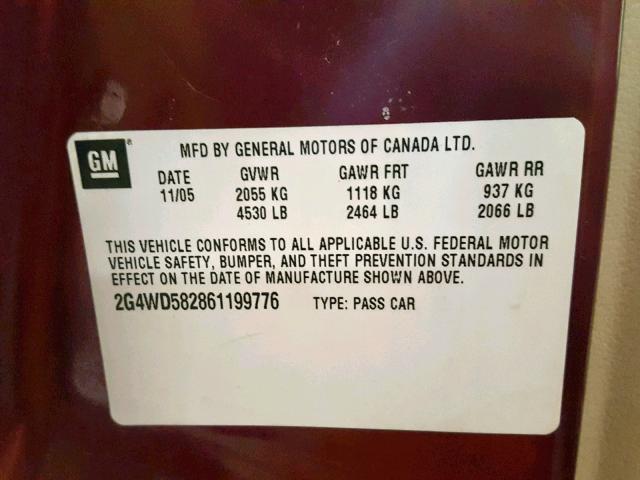 2G4WD582861199776 - 2006 BUICK LACROSSE C MAROON photo 10