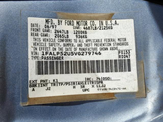 1FALP52U5VG279746 - 1997 FORD TAURUS GL BLUE photo 10