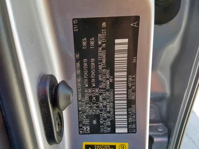 5TDYKRFH9FS066843 - 2015 TOYOTA HIGHLANDER SILVER photo 10