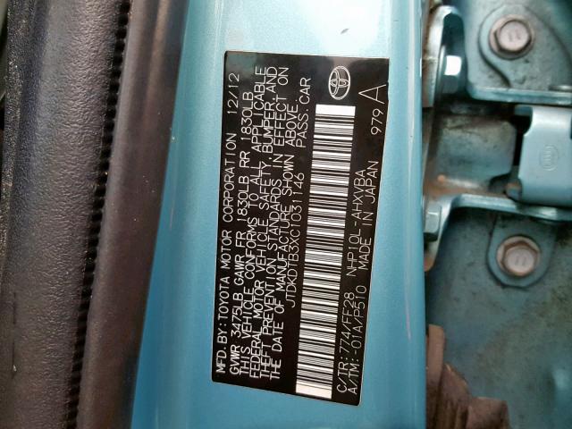 JTDKDTB3XC1031146 - 2012 TOYOTA PRIUS C BLUE photo 10