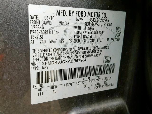 2FMDK3JCXABB67984 - 2010 FORD EDGE SEL GRAY photo 10